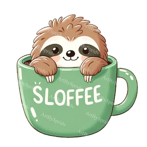 Könnte beinhalten: Eine grüne Kaffeetasse mit dem Wort "SLOFFEE" darauf. Ein braunes Faultier schaut aus der Tasse.