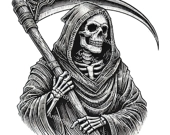 Grim Reaper PNG Clipart, Dark Skeleton with Scythe, Halloween Digital Download, Spooky Horror Clip Art for T-Shirt Sublimation, DIY Craft