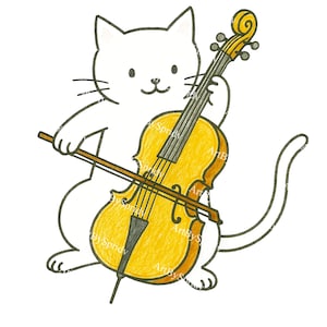 May include: A white cartoon cat is playing a yellow cello with a brown bow. The cello has a black fingerboard and a scroll at the top. The cat is smiling and the image is on a white background.
