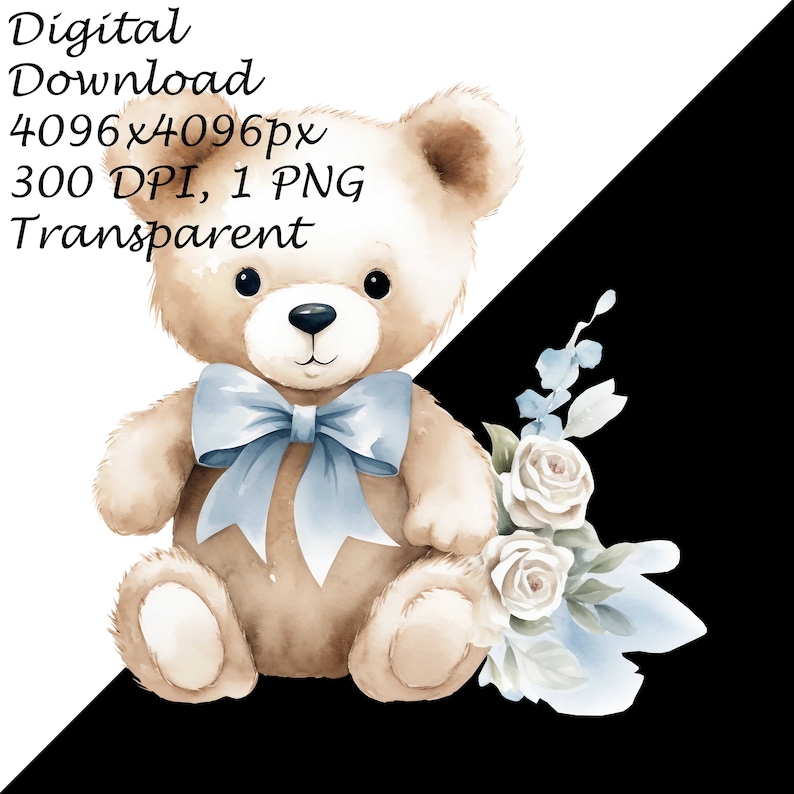 Watercolor Teddy Bear With Blue Bow PNG Clipart | Vintage Baby Shower ...