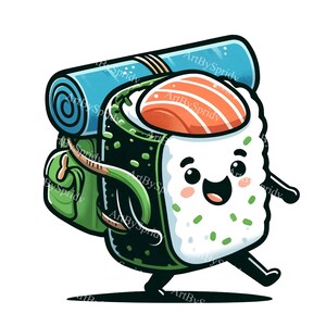 May include: A cartoon sushi roll with a smiling face is wearing a green and blue backpack. The sushi roll has a green seaweed wrap, white rice, and a slice of orange salmon on top.