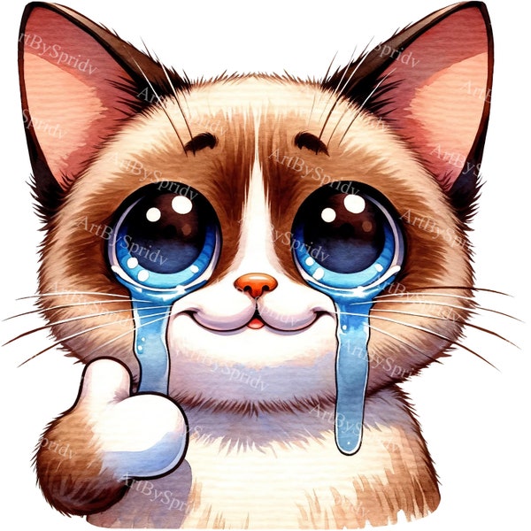Clipart numérique mignon chat de dessin animé qui pleure pour sublimation, chaton en larmes PNG, clipart imprimable déco pour enfants, créations DIY et scrapbooking