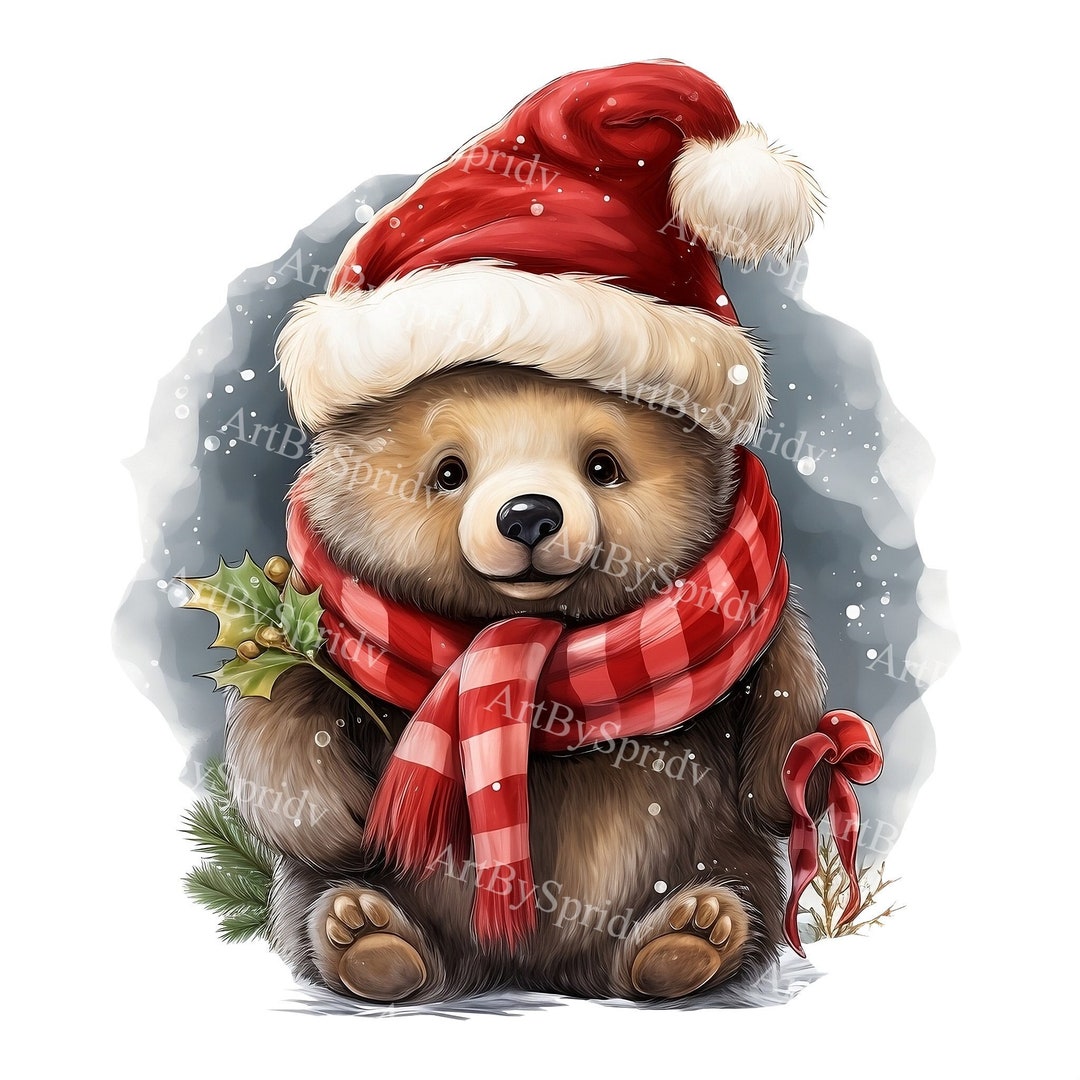 クリスマスサンタ帽子をかぶったかわいいクマの透明なPNGクリップ