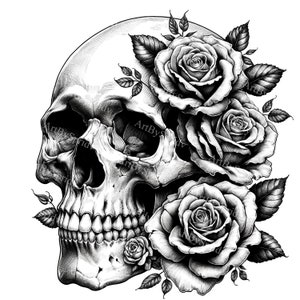 Digital Skull & Roses Clipart | Gothic Floral PNG Sublimation | Tattoo Style Transparent Graphics | Unique Printable Art for DIY Projects
