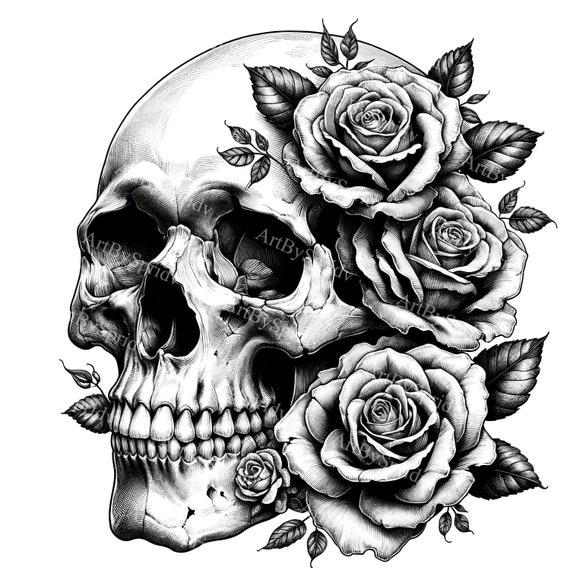 Digital Skull & Roses Clipart | Gothic Floral PNG Sublimation | Tattoo Style Transparent Graphics | Unique Printable Art for DIY Projects