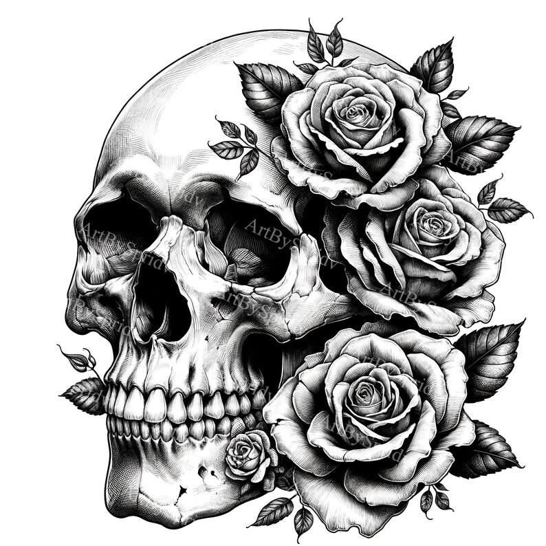 Digital Skull & Roses Clipart | Gothic Floral PNG Sublimation | Tattoo Style Transparent Graphics | Unique Printable Art for DIY Projects