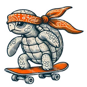 Hand-Drawn Turtle on Skateboard Download PNG Clipart, Cute Animal Illustration Clip Art for Kids, Skateboarding DIY Printable Nursery Decor