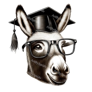Gelehrte Esel Clipart - Abschlusskappe und Gläser PNG, Akademische Tier Illustration, Kluge Esel Grafik, Digital Download DIY Handwerk