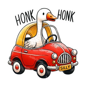 Whimsical Goose Driving Toy Car Clipart,Honk Honk Funny Animal Illustration,Red Toy Car Goose PNG,Silly Goose Art,Kids Room Decor,Printable