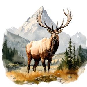 Majestic Elk in Mountain Scenery PNG Clipart | Wildlife Art |Transparent Elk Image | Rustic Nature Scene | Hunting Decor | Instant Download