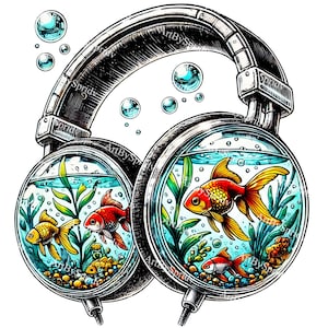 Goudvis hoofdtelefoon Clipart PNG, eigenzinnige transparante digitale kunst, uniek aquariumontwerp, grillige DIY-sublimatieafbeelding voor ambachten en stickers