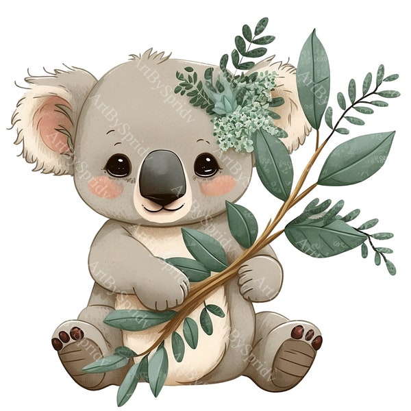 Koala Eucalyptus Branch PNG Clipart,Transparent Animal Floral Print Kids Clip Art,Cute Cartoon Design,DIY Printable Sublimation T-Shirt,Mug