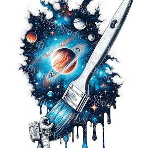 May include: An astronaut floats in space, holding onto a giant paintbrush that is dripping with a galaxy of stars and planets. The brush is painting the universe.