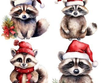 May include: Four watercolor illustrations of raccoons wearing Santa hats. The raccoons are in different poses, some with Christmas decorations.