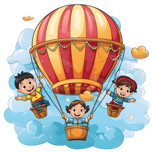Niños volando en globos aerostáticos en el cielo Clip Art - Camiseta imprimible, taza Sublimación PNG Clipart transparente - Descarga comercial, digital
