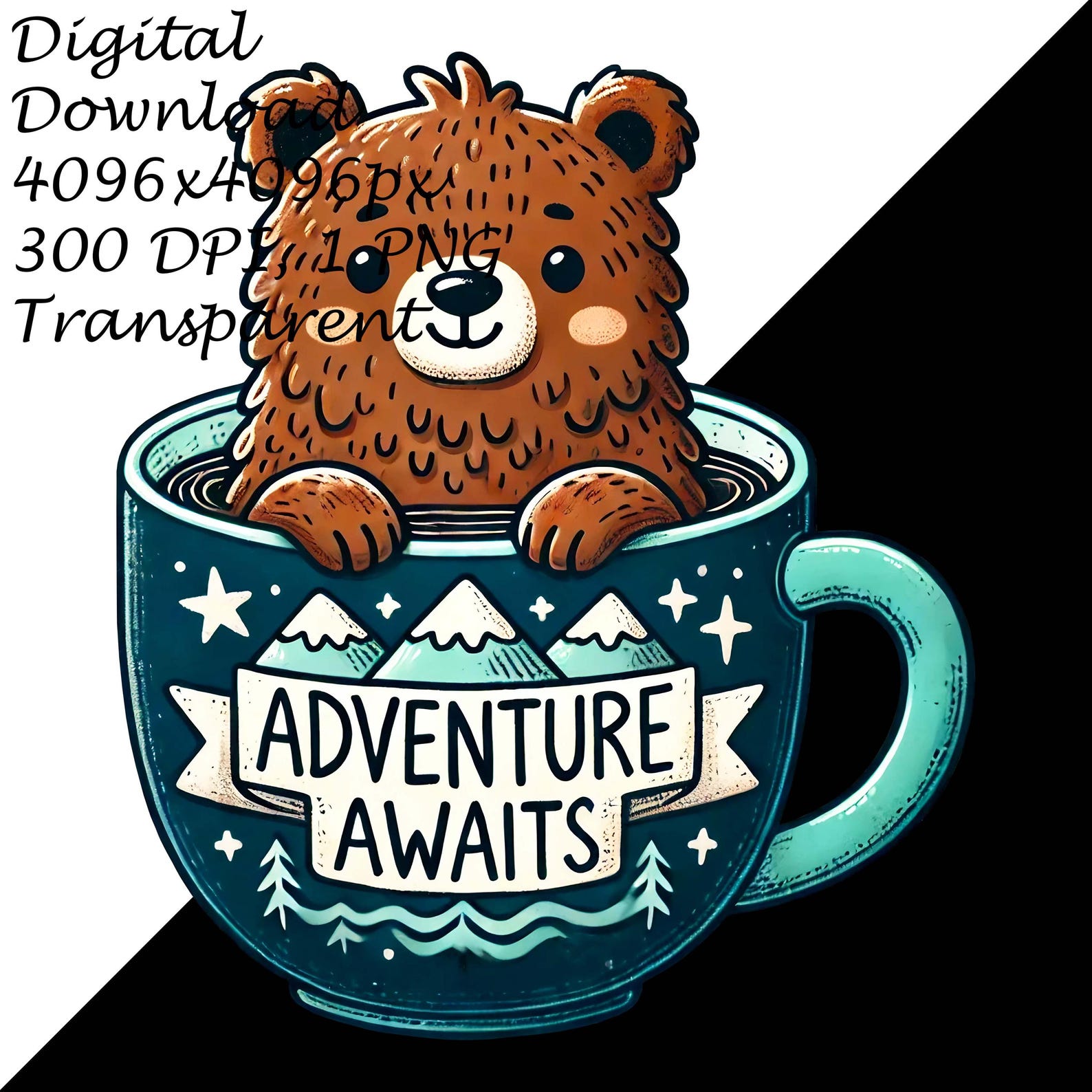 Adventure Awaits Bear Clipart | Cute Brown Bear in Mug Digital Clip Art ...