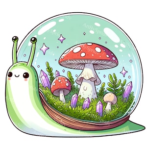 Verzauberte Schnecke, Ökosystem Clipart | Skurril Fantasy Schnecke PNG | Magischer Pilz & Kristalle Clip Art | Druckbares Sublimationsdesign