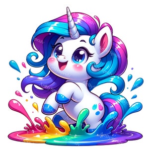 Clipart de unicornio de dibujos animados coloridos - PNG digital para sublimación de camisetas, tazas, vasos y álbumes de recortes, melena y cola vibrantes con arte salpicado