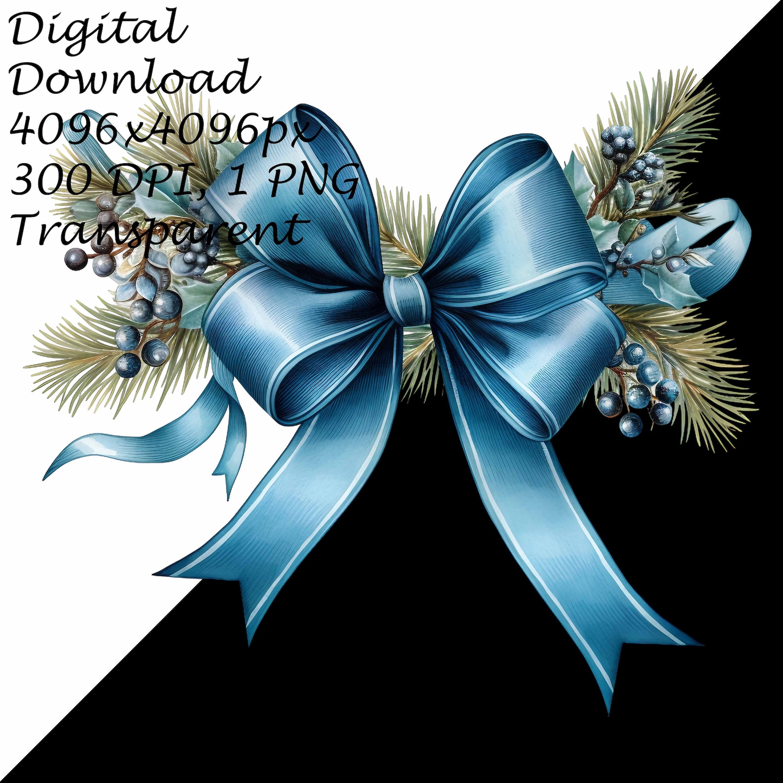 Christmas Blue Ribbon Clipart Set-winter Holiday Bow PNG With Pine ...
