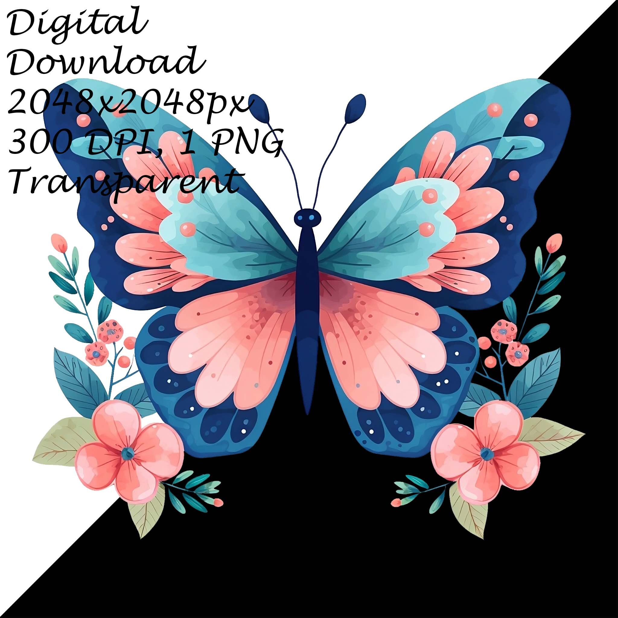 Butterfly & Floral PNG Clipart, Soft Blue and Pink Nature-inspired