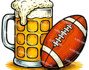Beer and Football PNG Clipart | Game Day Beer Mug and Football Illustration | Funny Tailgate Sublimation Design for Sports Fans and Crafters