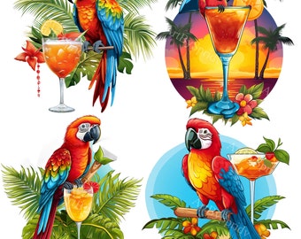 4 Pack Parrot Perched Near Tropical Cocktail Glass Transparent PNG Clipart - Printable T-Shirt, Mug Sublimation Clip Art - Commercial Use