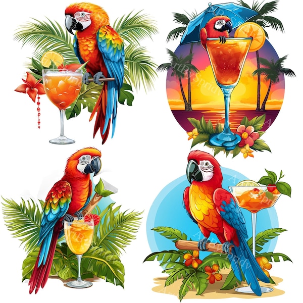 4 Pack Parrot Perched Near Tropical Cocktail Glass Transparent PNG Clipart - Printable T-Shirt, Mug Sublimation Clip Art - Commercial Use