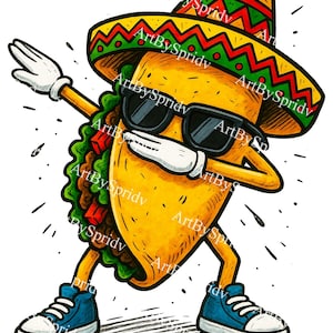 Funny Dabbing Taco PNG Design with Sombrero and Sunglasses, Mexican Food Cartoon Clipart, Transparent Cinco De Mayo T-Shirt Sublimation Art
