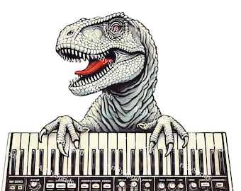 Synthesizer Dinosaur PNG, Retro T-rex Keyboard Clipart, Funny