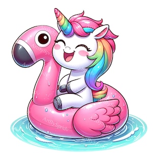 Skurrile Einhorn auf Flamingo Float Clipart | Niedliche Sommer Grafiken | Druckbare Sublimation PNG | Kids Party Decor|DIY Handwerk Digitaler Download