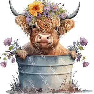 Funny Floral Highland Cow PNG Clipart, Printable Clip Art Digital ...