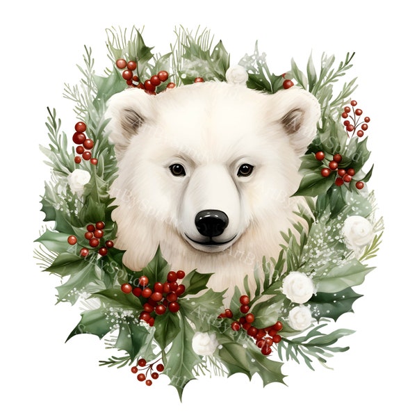 Watercolor Polar Bear With Christmas Flower Wreath PNG Clipart - Printable T-Shirt, Mug Sublimation Clip Art -Commercial,Winter Illustration