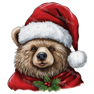 クリスマス ベア クリップアート、サンタ帽子をかぶった愛らしいホリデー ベア PNG、DIY クラフト用のお祭り動物イラスト、シャツ昇華、季節のデザイン