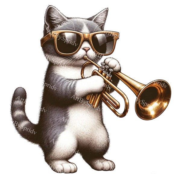 Whimsical Jazz Cat Clipart: Trumpet-Playing Feline with Sunglasses-Transparent PNG for Creative Projects, Digital Download, Music Themed Art