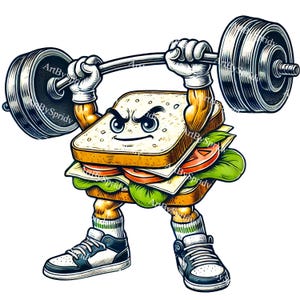 Starkes belegtes Brot PNG, lustige Fitness Food Clipart, Gym Workout Cartoon Sandwich, Muskel Essen Digitale Kunst für T-Shirts&Sticker