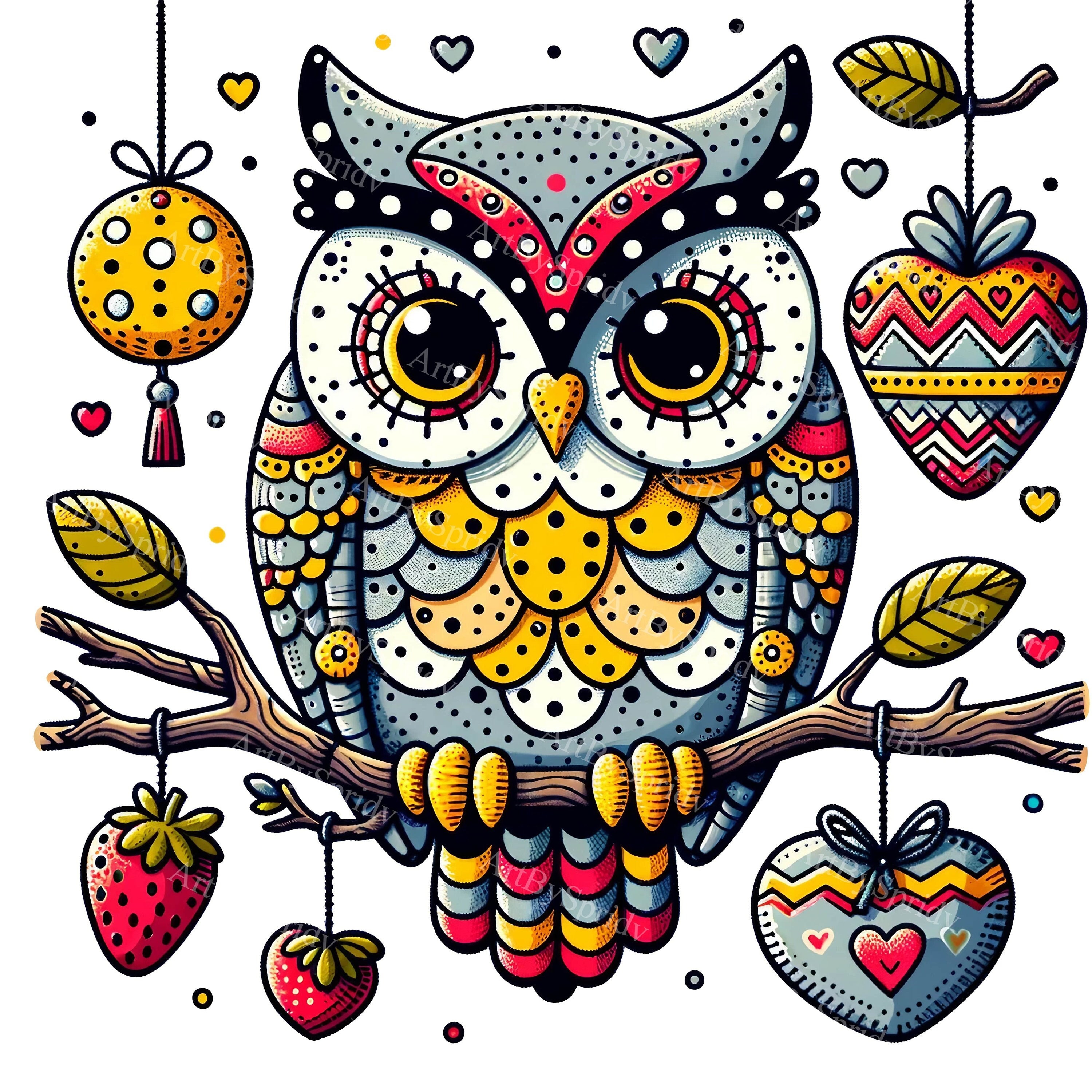 Watercolor Abstract Owl On Branch Clipart - Transparent PNG for DTG, T-Shirts, Mugs, Tumblers - Uniq