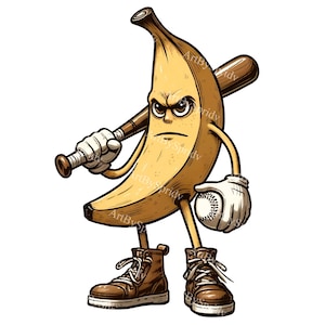 Funny Banana Baseball Player Clipart,Quirky Fruit Illustration PNG,Cartoon Sport Character,Digital Download,Cute Banana Art,Instant Download