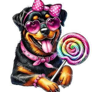 Adorable Rottweiler Clipart with Pink Bow, Heart Sunglasses and Lollipop | Fun Dog Illustration PNG for DIY Crafts, Stickers & Sublimation