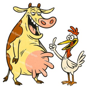 Cow and Chicken Cartoon PNG | Farm Animal Clipart for T-Shirt Sublimation | Retro Barnyard Comedy Printable | Transparent Digital Download