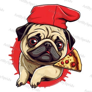 Pug with Pizza Slice & Hat PNG Clipart, Cute Dog for DIY Crafts, Stickers, T-Shirt, Mug Sublimation, Funny Digital Download for Pet Lovers