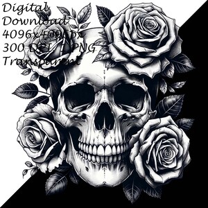 Digital Skull & Roses Clipart | Gothic Floral PNG Sublimation | Tattoo Style Transparent Graphics | Unique Printable Art for DIY Projects