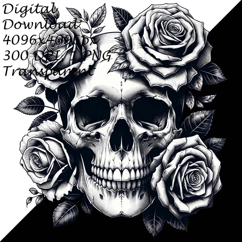 Digital Skull & Roses Clipart | Gothic Floral PNG Sublimation | Tattoo Style Transparent Graphics | Unique Printable Art for DIY Projects