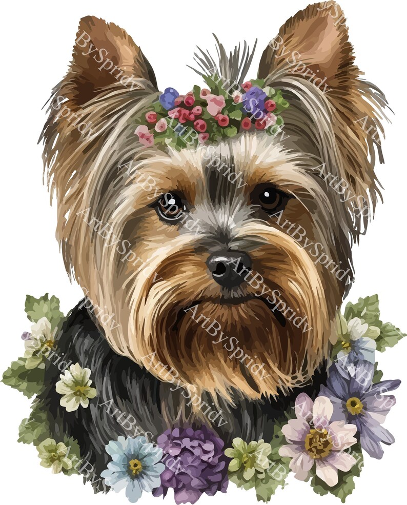 Adorable Yorkshire Terrier With Floral Crown Download PNG Clipart ...