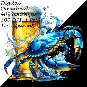Blue Crab & Beer Clipart - Nautical Ocean Life PNG | Digital Download for Printable Sublimation, DIY Craft | Unique Artistic Clip Art Design