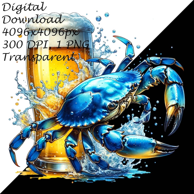 Blue Crab & Beer Clipart - Nautical Ocean Life PNG | Digital Download for Printable Sublimation, DIY Craft | Unique Artistic Clip Art Design