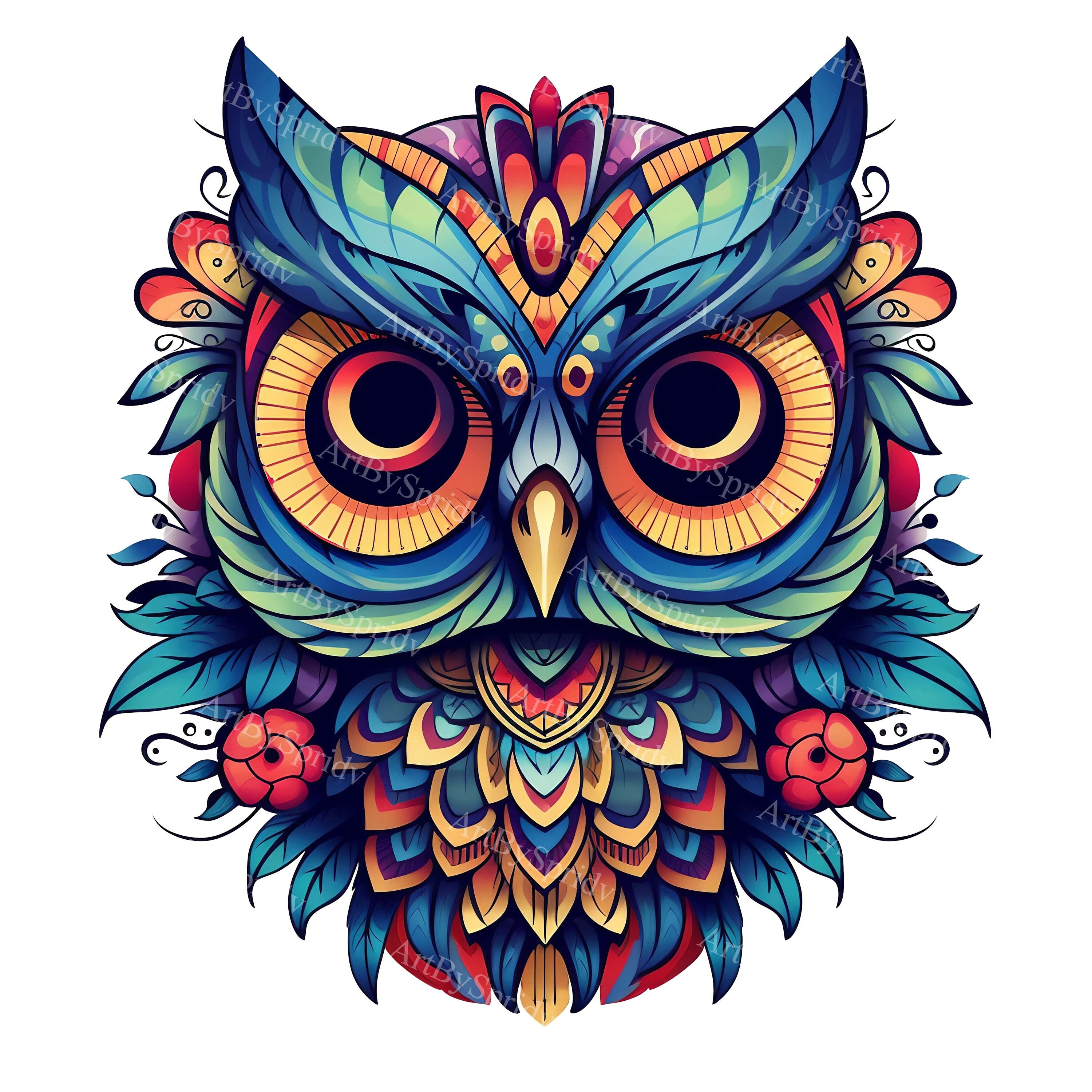 Sugar Skull Owl With Feathers-Dia de los Muertos Bohemian Flower,Transparent PNG Clipart-Printable S