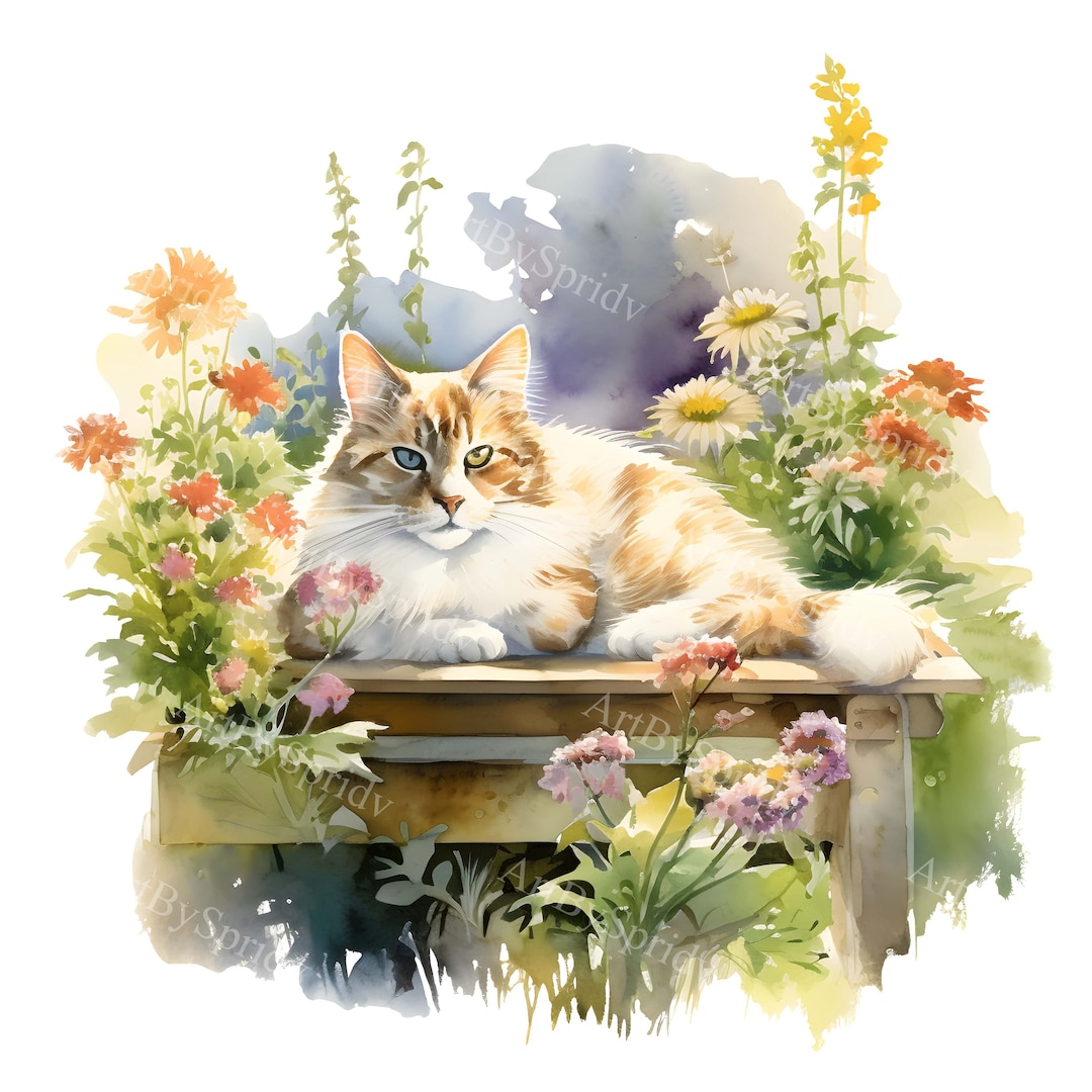Adorable Calico Cat Resting in Garden With Flowers-watercolor Floral ...