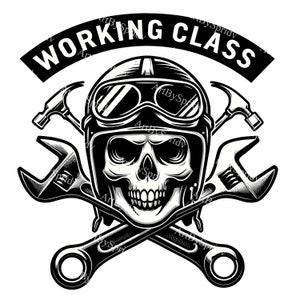 May include: Black and white illustration of a skull wearing a leather aviator helmet and goggles. Two wrenches are crossed behind the skull, and a hammer is positioned above the wrenches. The text "WORKING CLASS" is displayed in a black banner above the skull.
