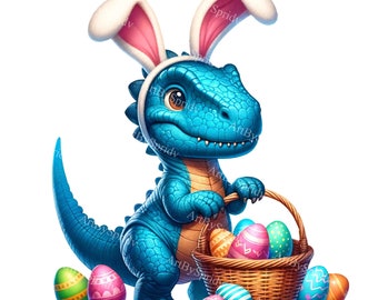 Easter T-rex Dinosaur Clipart With Bunny Ears & Eggs Basket - Digital ...