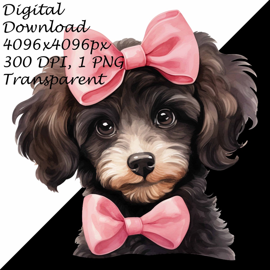 Cute Watercolor Poodle Puppy Dog With Ribbon Bow - Transparent 4 PNG ...
